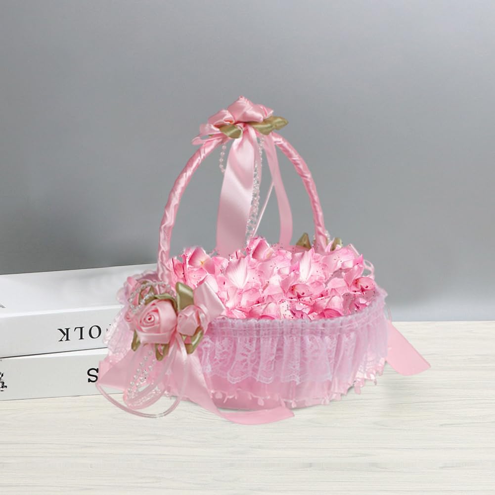 2 Pcs Flower Girl Baskets with Satin Bowknot and Pearl,Small Size White Wedding Flower Basket with Handle,Blue Pink Wedding Baskets for Flower Girls,Party Decorative Flower Basket (pink, 10 In)
