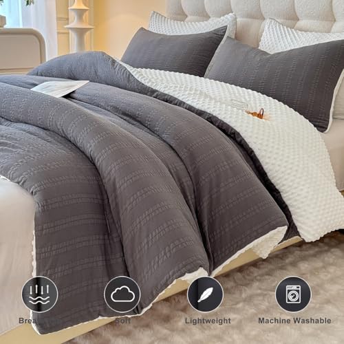 Image of tohrisa Boho Comforter Set Full Size Striped Pleats Bohemian Seersucker Bedding Set All Season Soft Cozy 3 Pieces Quilt with 2 Pillowcases(80 inchX90 inch Dark Grey)