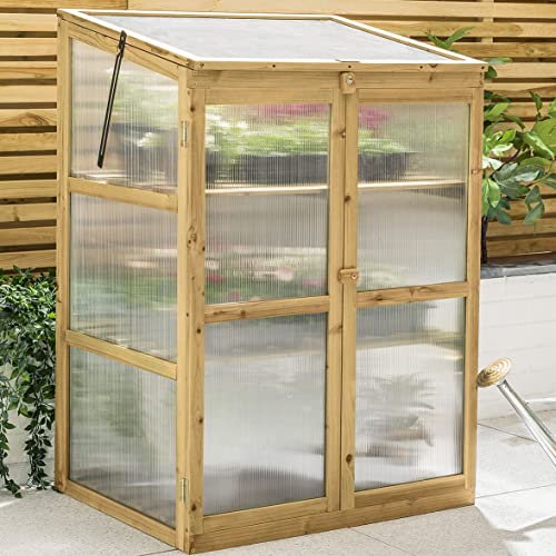 Christow Wooden Greenhouse Garden Cold Frame Lean To Grow House Polycarbonate Windows (H110cm x W76cm x D59cm) (Natural Finish)