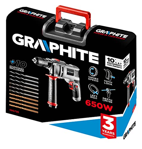 GRAPHITE Schlagbohrmaschine 650W, 13 mm Bohrfutter, Drehzahl 0-3000 U/min, Koffer + 10 Bohrer – Bild 3