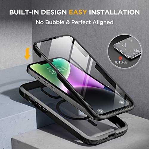 Image of Miracase Magnetic for iPhone 14 Case 6.1 inch,Full-Body Bumper, [Bubble Free] Built-in Tempered Glass Screen Protector+Lens Protector,Compatible with MagSafe,No Gap,Drop Proof Phone Case 14 Cover,Black