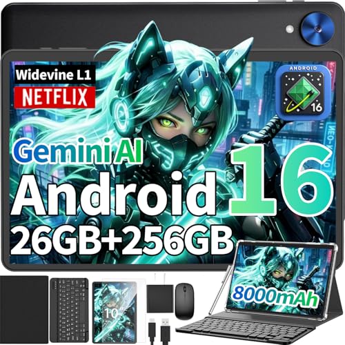 Image of Android Tablet with Keyboard - 10 inch Android 16 Tablet with 26GB+256GB+2TB Expand, Electronic Tablet with 8-Core, Gemini AI, 5G WiFi, 8000mAh, GPS, GMS, Tablet PC with Case /Mouse /Stylus(Black Case)