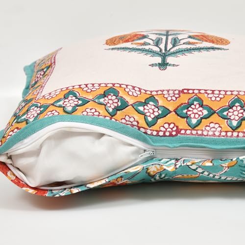 Image of BLOCKS OF INDIA Hand Block Printed Cotton Linen Cushion Cover (16 X 16 Inches) (Green Yellow Motifs), 250 TC
