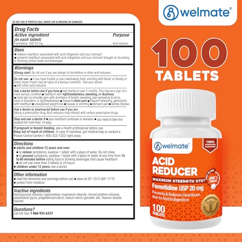 Image of WELMATE - Famotidine Acid Reducer, 20mg - Maximum Strength - Heartburn Relief - Acid Indigestion - Stomach Relief - Works in 15 Minutes, 12 Hour Relief - Generic Medication - Value Size - 100 Tablets