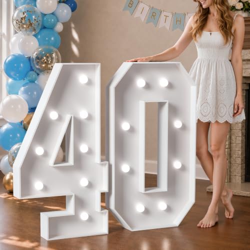 Image of Marquee Numbers 3 Feet Tall Big Light Up Numbers 40th Birthday Decorations Women Men White Anniversary Party Decor Large Cardboard Prop Backdrop Sign 40 | Cool White Light, Large 40th Anniversary Party Decor, Big Stable Sign, Assembly Required, Foam Board 41 Pcs Accessory Set