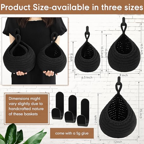 Image of Honeydak 3 Hanging Baskets, Black, Teardrop, Cotton Rope