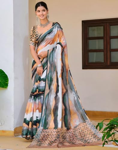 Image of SIRIL Women's Cotton Linen Printed Zari Border Saree with Unstitched Blouse Piece