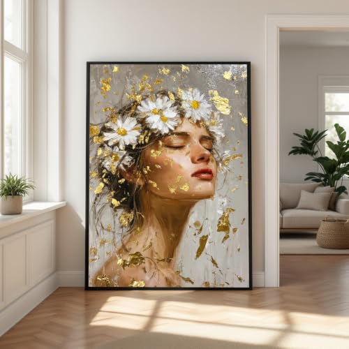 Couronne de fleurs blanches décoration murale portrait de femme tableau sur toile 70x100