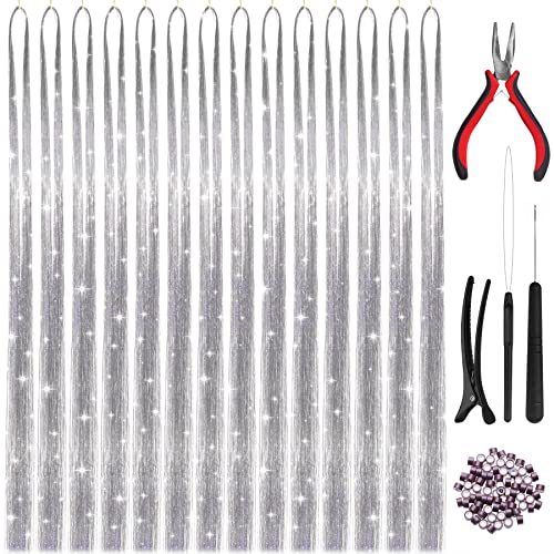 HAUTOCO Hair Tinsel Kit, 2800 Strands 47 Inch Glitter Silver Tinsel Hair Extensions with Tools Fairy Hair Tinsel Kit, Heat Resistant Hair Tinsel for Cosplay Christmas New Year Party