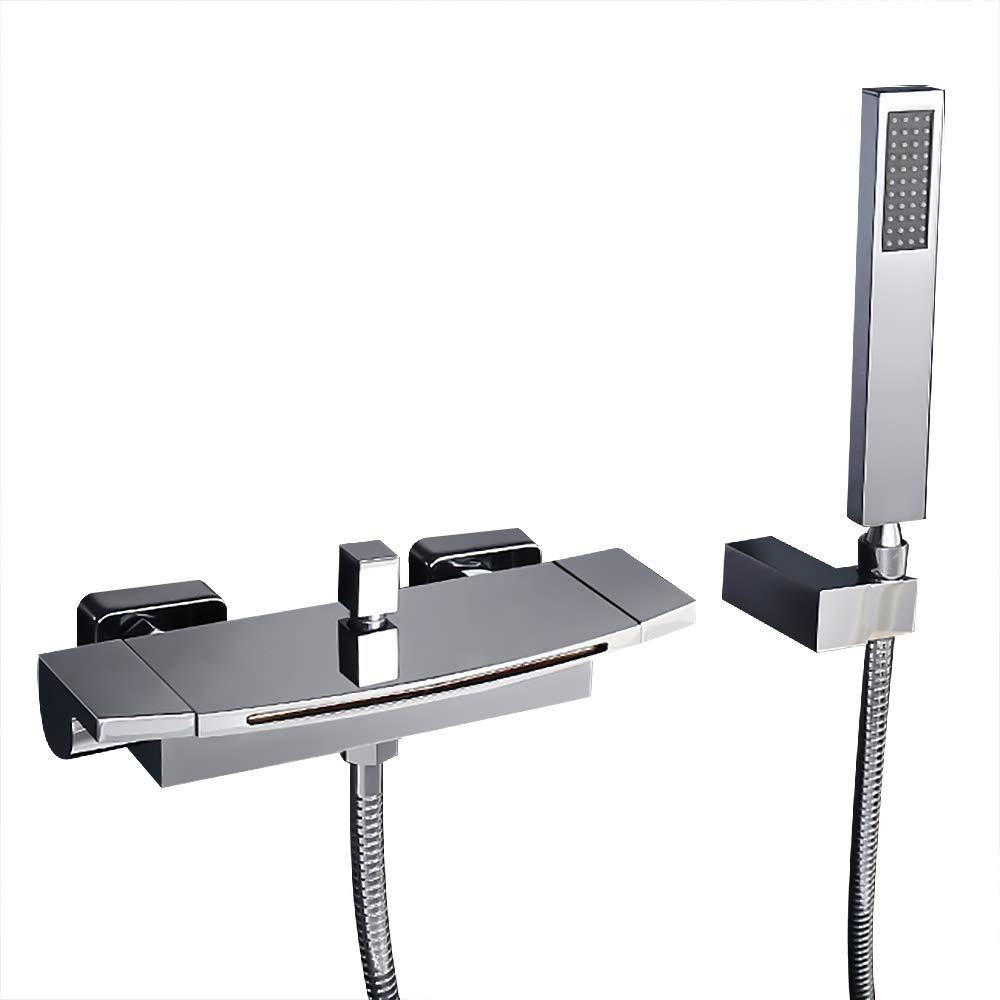 KunMai Waterfall Wall Mounted Tub Faucet with Hand Shower Two Handles Bathtub Faucet in Chrome Solid Brass Bathroom Tub Filler Faucet with Handheld Shower