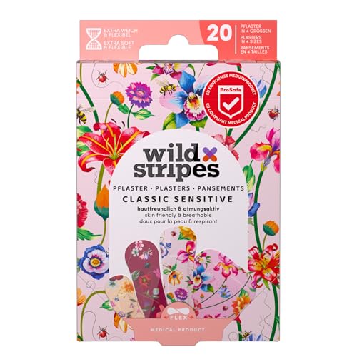 Wild Stripes Juego de tiritas vintage de flores para niños y adultos, con flores, sensibles y agradables a la piel, resistentes al agua, protección 24 horas, tiritas coloridas con diseño (20 unidades)