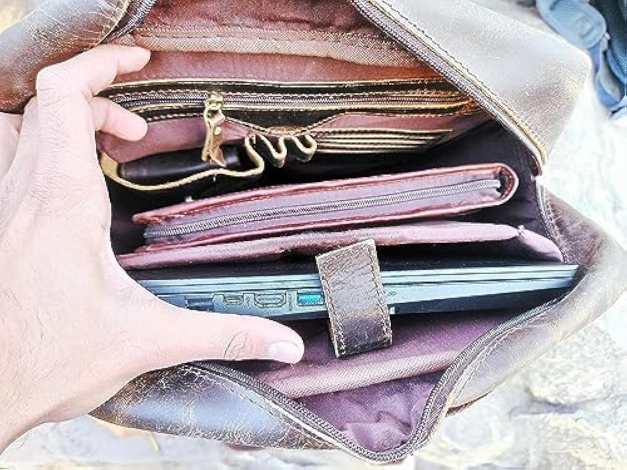 L S Buffalo Leather Backpack, Multi Pockets Travel Bag
