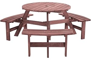 Panana Circular Outdoor Round Wooden Picnic Table with 3 Built-in Benches for Gardens