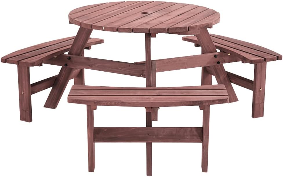 Panana 6 Seater Fir Wood Picnic Table Set Round Wooden Table with Bench Seats Furniture for Garden, Park, Patio