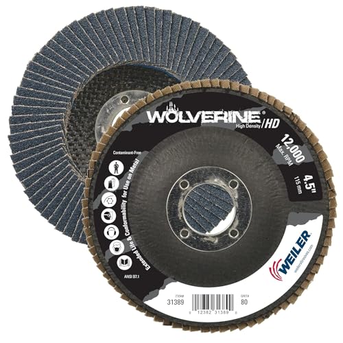 Image of Weiler 31389 Wolverine 4-1 /2 inch x 7 /8 inch Arbor Hole Abrasive Flap Disc, 80 Grit Zirconia Alumina, Flat Type 27, Phenolic Backing, High Density (Pack of 10)