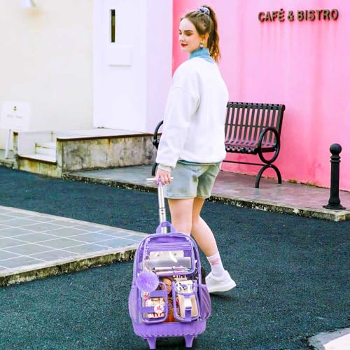 Clear Backpack Rolling Backpack for Girls Women, Heavy Duty PVC Transparent Bookbag, See Through Wheeled Backpacks for Teens Elementary Travel - Purple2