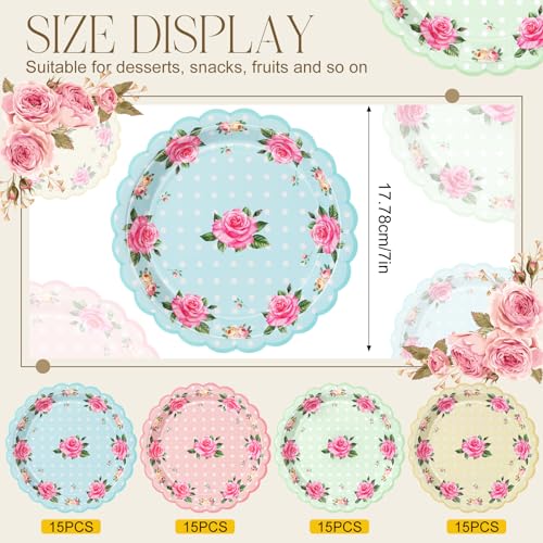 Umigy 60 Pcs 7 Inch Floral Paper Plates Tea Party Disposable Plates Vintage Decorative Dessert Flower Plates for Tea Party Baby Shower Birthday Bridal Showers Weddings (Classic)