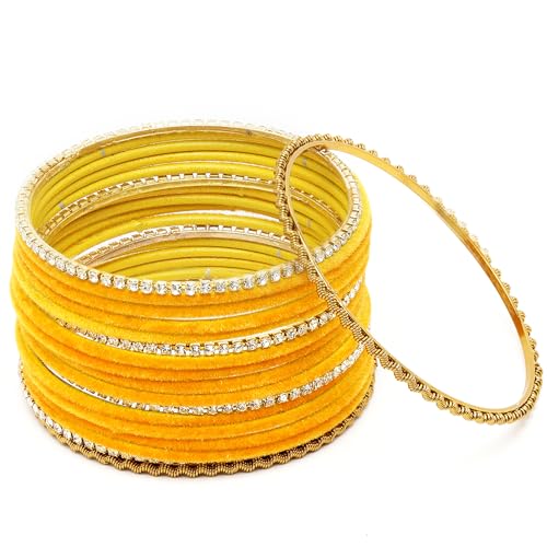 Image of ZENEME Gold-Plated Matte Finish Velvet White American Diamonds Studded Bangles Set Of 18 For Girls and Women