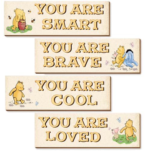 Image of Vintage Classic Winnie the Pooh Sign Nursery Wall Decor Set of 4, 16x5 Positive Cute Winnie the Pooh Plaque Wall Art for Baby Girl Kid Teen Toddlers, 4 PCS Wooden Bear Quote Gift for Bedroom