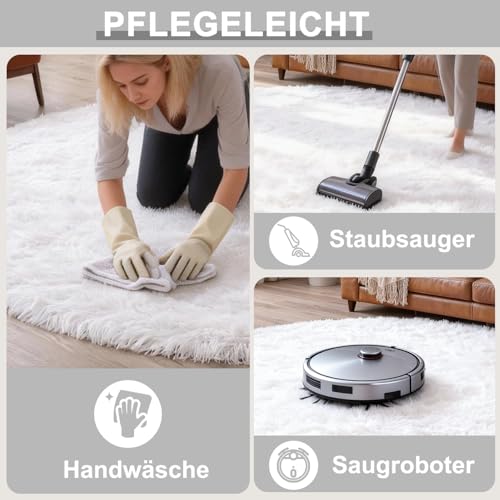 ROHATIM Teppich Rund 100 cm Weiß Waschbar Rutschfester Runder Hochflorteppich Wohnzimmer Kinderzimmer Schlafzimmer Flauschig