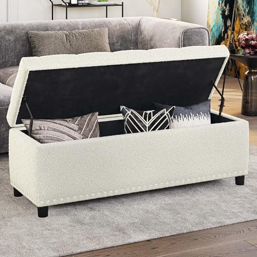 Image of BELLEZE Storage Ottoman, Tufted Ottoman with Close Hinge, Foot Rest for Living Room (White, 47 inch)