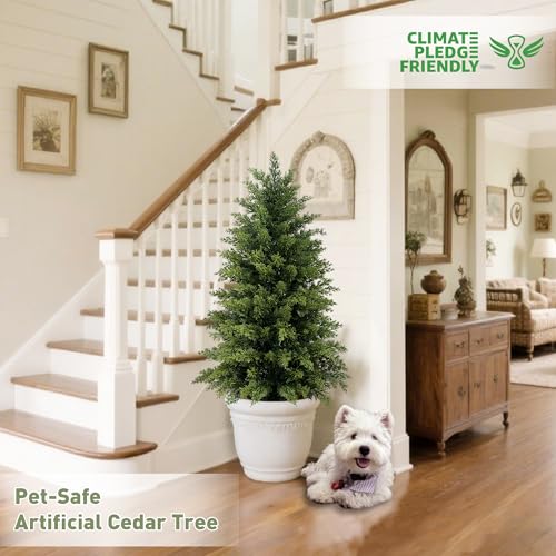 Image of 2 Pack 3ft Artificial Cedar Trees for Outdoors (UV Resistant), Potted Faux Cedar Topiary Plants for Front Porch, Realistic Evergreen Shrub for Entryway & Patio Decor