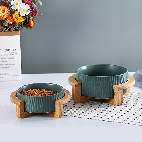 Green 5 Inch Ceramic Cat Bowl With Wood Stand No Spill Pet Food Water Feeder Cats Small Dogs #TOP4