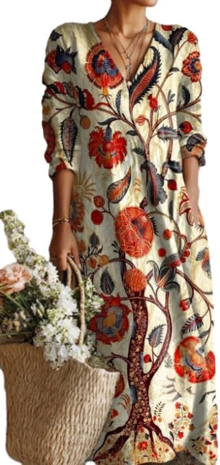 Womens Boho Maxi Dress V Neck Long Sleeve Flowy Dress with Pockets Casual Summer Dresses for Daily & Holidays
