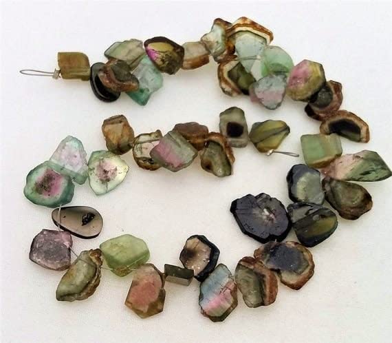 Tourmaline pastèque naturelle LKBEADS en tranches lisses et percées de 6x7 à 9x12 mm, fil de 7.5"