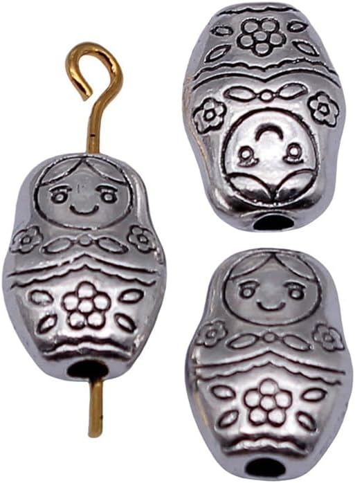 Double-Sided Russian Nesting Doll Pattern with Small Bore Beads for Jewelry Repair & Restyling, 12x8.4x5.1mm, Antique Silver Color, 10 Pieces