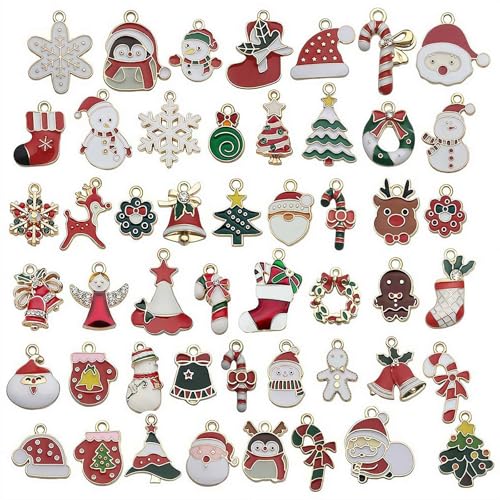 50 Pcs Christmas Charms Set,Alloy Festive Charms for DIY Jewellery Making,Gold Enamel Jewelry Pendants for Xmas Earring Bracelet Necklace Craft Making