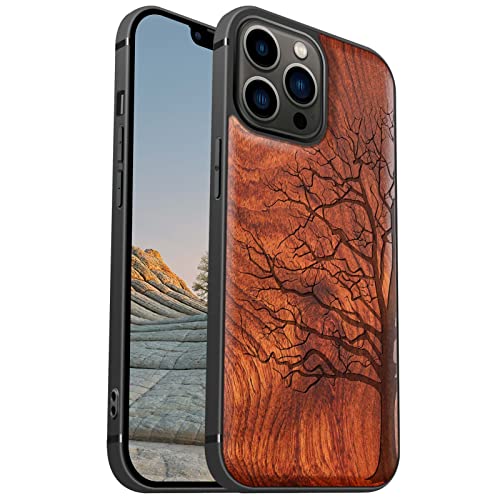Carveit Magnetic Wood Case For Iphone 13 Pro Max [Hard Real Wood & Soft Tpu] Shockproof Hybrid Protective Cover Unique & Classy Wooden Case Compatible With Magsafe (Eternal Tree Carving-Rosewood) #TOP3