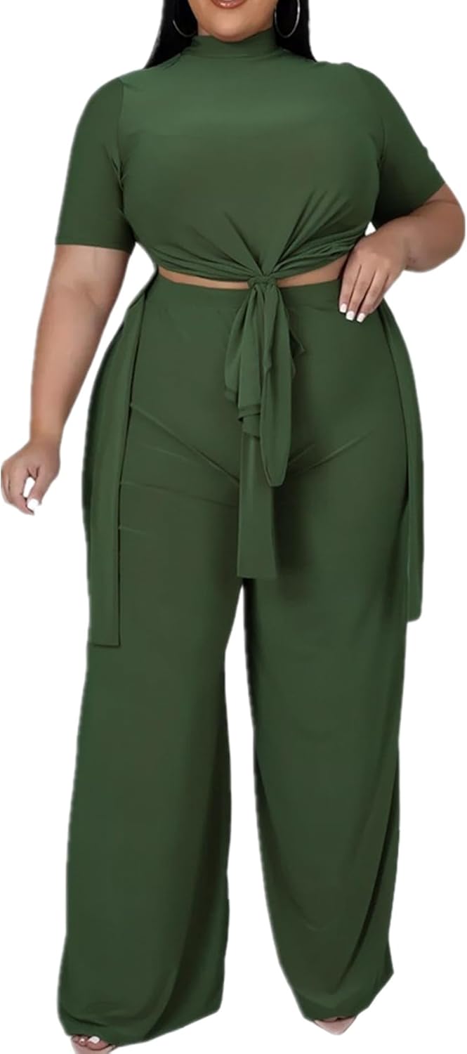 MRSFITOK Wide Leg 2 Piece Outfits for Women Sweatsuit Sexy Short Sleeve Split Shirt Pant Set Casual Tracksuits