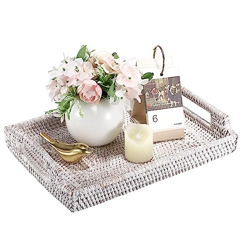 IGNPION Bandeja de ratán para servir para el hogar, baño, invitados, bandeja de exhibición decorativa, bandeja de almacenamiento de mesa tejida con asa, bandeja organizadora de escritorio para
