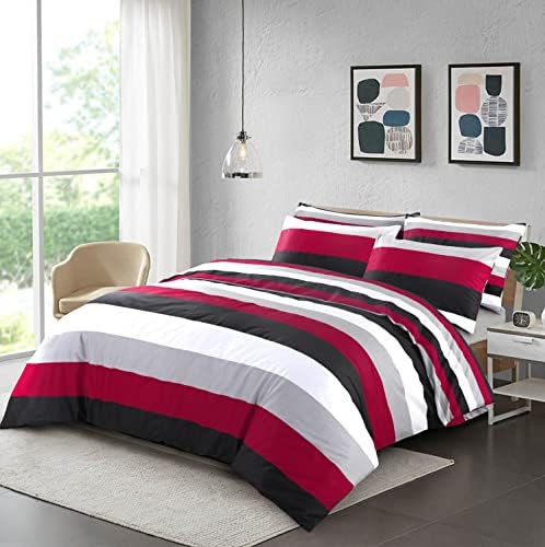 MK Home Textile Stripe Duvet Cover Set, 100% Cotton Rich 200 Thread Count Soft Reversible Quilt Covers White | Red | Black | Grey Bedding Sets Double King Super King Size (Red Stripe, Super King)