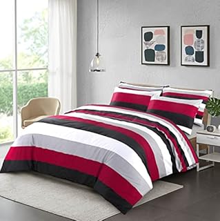MK Home Textile Stripe Duvet Cover Set, 100% Cotton Rich 200 Thread Count Soft Reversible Quilt Covers White | Red | Black | Grey Bedding Sets Double King Super King Size (Red Stripe, Super King)