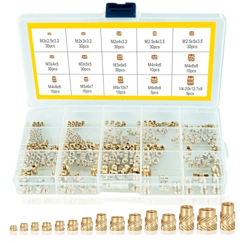 300 Pcs Brass Threaded Inserts Assortment - M2 M3 M4 M5 M6 Metric Knurled Nuts for Plastic & 3D Printing - Heat Set Insert Kit with Hex Head