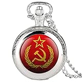 1 x Taschenuhr LWCOTTAGE Quarz Taschenuhr - Party Emblem Sowjetische Abzeichen Hammer Sichel Quarz Taschenuhr Russische Armee Kommunismus Halskette Uhrenkette Für Männer Frauen, Silber, Dicke Kette 38Cm