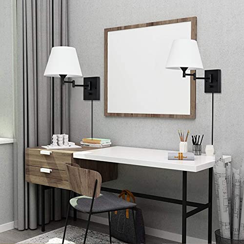 Pauwer Plug In Wall Sconce Set Of 2 Swing Arm Wall Lamp With Plug In Cord And Fabric Shade Wall Light Fixtures For Hallway Bedroom Living Room (White Shade) #TOP6