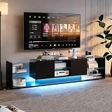 Mobile TV Moderno 200cm Nero con Luci LED, Mobile per Televisore a 3 Scomparti con Ripiani in Vetro - Mobile Basso per Soggiorno in Finitura Lucida Legno (Nero-3) - Arredamento Moderno
