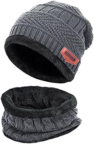 T WILKER 2Pcs Kids Winter Knitted Hats+Scarf Set Warm Fleece Lining Cap for 5-14 Year Old Boys Girls Grey