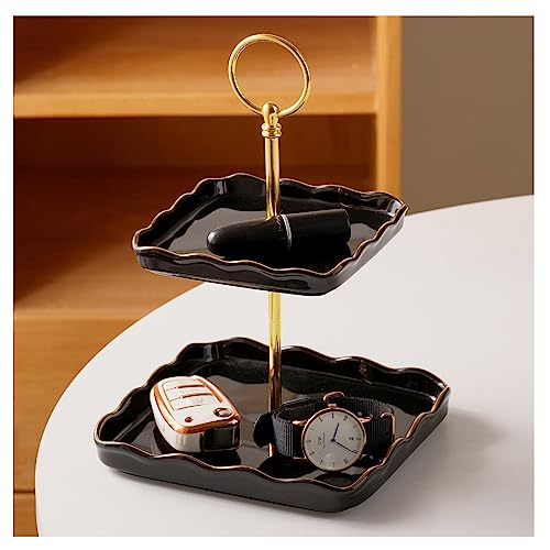 2 Tier Jewelry Tray Double Jewelry Holder,Two-Tiered Ceramic Ring Holder For Rings, Earrings, Necklaces, Attractive Ring Dish Jewelry Storage Stand Key Tray Home Decor, Gift For Girls, Women, Black #TOP26