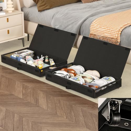 Image of Fokyfok 2 Pack Under Bed Storage with Wheels 4.5 inch Height | Metal Frame,Lid,Rolling Slim Under Bed Drawers for Shoes,Clothes and Toys,Shallow Underbed Storage,Under Couch Storage,Black