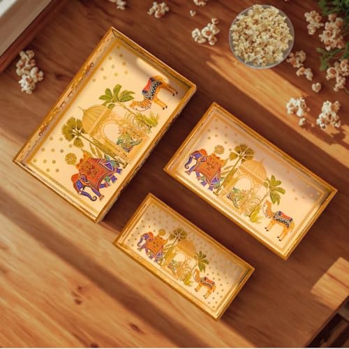 Image of Wooden Serving Tray with Gold Engraving | Set of 3 | Size : 16 x 10 inch, 14 x 8 inch & 12 x 6 inch | Enamel Coated Waterproof | Rectangular | Decorative Trays | Royal Camel and Elephant Set