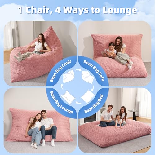 Image of 4 in 1 Bean Bag Chair, Giant Memory Foam Filling Bean Bag Sofa, Adult Bean Bag Chair, Machine Washable Faux Fur Cover, Bean Bag for Adult (Pink)