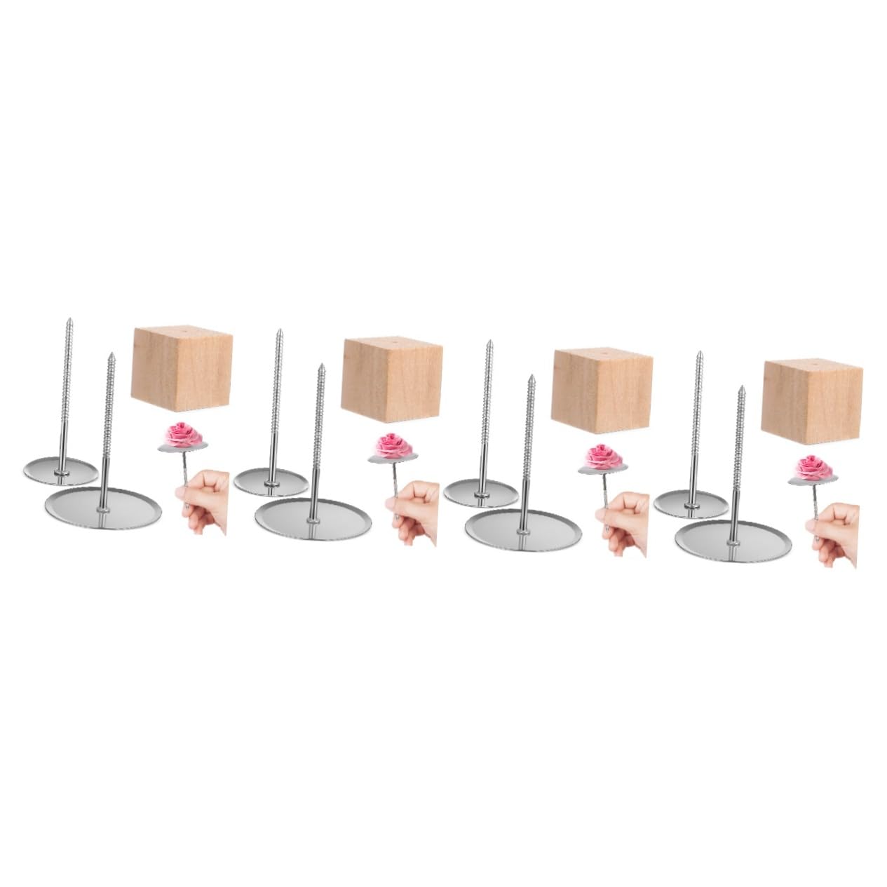 PRETYZOOM 4sets Attrezzi per Decorare Torte con Chiodi per Fiori Inossidabile e Base Legno Kit Completo per Creare Fiori Pasta di Zucchero e Decorazioni per Torte per Feste e Occasioni