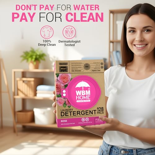 Image of WBM 10-in-1 Laundry Pods, Total 128 Count, High Efficiency, Ultra Concentrate with Powerful Stain Lifter Technology, Fabric Softener With Rose Extracts, Detergent Pods