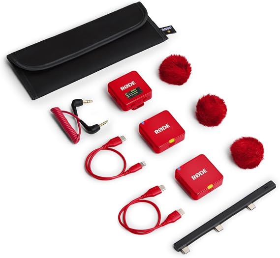 Rode Wireless GO (Gen 3) Compact Wireless Microphone System (Red) with 2X Red Interview GO Handheld Adapters
