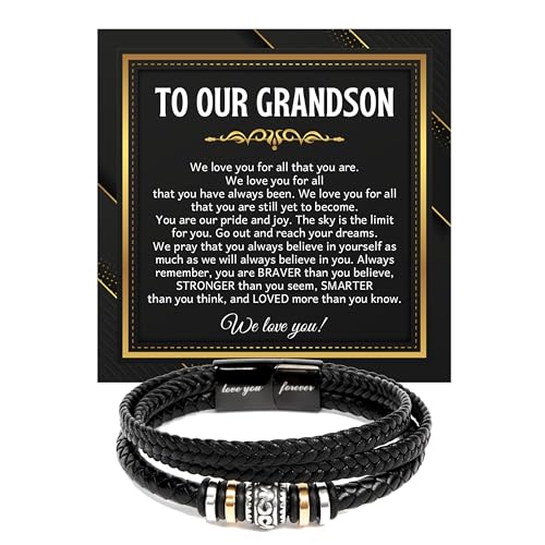 To My Grandson Bracelet from Grandma & Grandpa Grandson Leather Bracelet with Message Card & Gift Box Meaningful Bracelet for Grandson for Birthday Graduation Mens Forever Love Bracelet Grandson #4