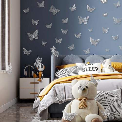 96 Pcs Butterfly Decorations 3 Sizes 4 Styles 3D Butterfly Wall Decor Party Decorations Butterflies for Crafts Birthday & Wedding Celebrations Cake Decorating Balloons Removable Stickers Silver - Thumbnail 6